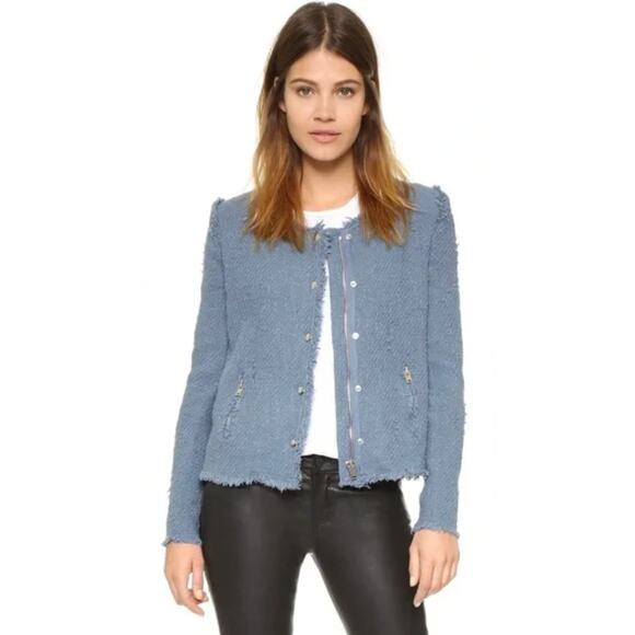 IRO Agnette Blue Tweed Distressed Snap Front Jacket Women's Size 38 US M Moto - Picture 1 of 11
